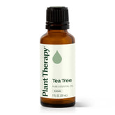 Plant Therapy frasco de árbol de té 30 mL mostrando etiqueta clara y beneficio de pureza