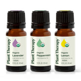Plant Therapy frascos frente mostrando las tres botellas y beneficios aromáticos