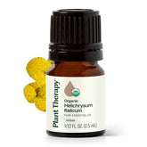 Plant Therapy frasco frontal de Helichrysum mostrando el envase y beneficios de pureza