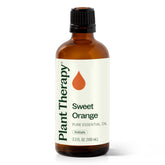Plant Therapy frasco frontal de naranja dulce mostrando etiqueta y volumen beneficios aromatizantes