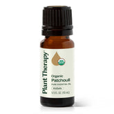 Plant Therapy frasco frontal de pachulí orgánico con diseño claro y beneficio de pureza