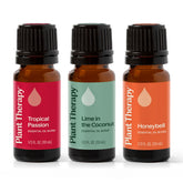 Plant Therapy set frontal con tres botellas mostrando beneficios aromáticos