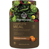 PlantFusion empaque frontal Chocolate Caramel mostrando tamaño y beneficios