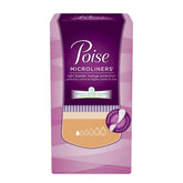 Poise microliners embalaje frontal mostrando cantidad y formato, comodidad discreta