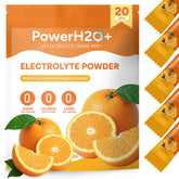 PowerH2O+ frente del empaquetado mostrando 20 sobres y cinco sabores, práctica portabilidad