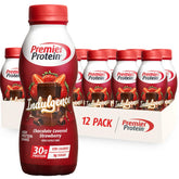 Premier Protein frontal del envase Chocolate Covered Strawberry mostrando diseño y tamaño, práctico para llevar