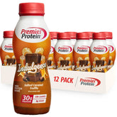 Premier Protein envase frontal mostrando sabor caramelo salado trufa y beneficios