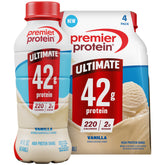 Premier Protein botella frontal pack mostrando sabor vainilla y beneficios proteicos