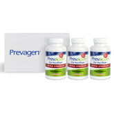 Prevagen frente del paquete mostrando los tres frascos y beneficio de conveniencia
