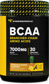 Primaforce BCAA frente del envase mostrando etiqueta y sabor piña-mango para identificación rápida