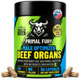 PRIMAL FURY frente del envase mostrando fórmula de seis órganos y beneficio de nutrición masculina