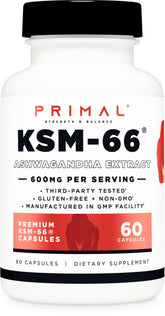 Botella Primal KSM-66 frontal mostrando etiqueta clara y beneficio de 600 mg