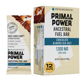 Primal Power frontal del paquete chocolate almendra sal, muestra sabor y conveniencia