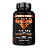 Prime Labs frasco frontal de maca negra orgánica mostrando diseño y cantidad