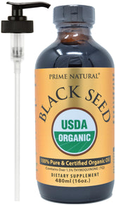 PRIME NATURAL botella frontal mostrando aceite orgánico y tamaño 16oz beneficio pureza