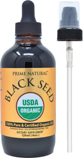 PRIME NATURAL frasco frontal de aceite de semilla negra mostrando etiqueta clara y beneficios