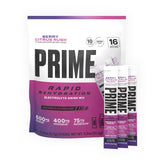 PRIME empaque frontal Berry Citrus Rush mostrando 16 sobres y beneficios rápidos