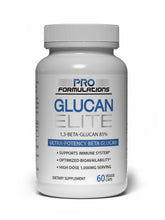 Pro Formulations MD frasco frontal de Glucan Elite mostrando bote y cápsulas, calidad garantizada