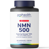 ProHealth botella frontal de NMN 500 muestra etiqueta y dosis clara