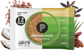 Protein Puck vista frontal del empaque muestra mini barras listas para llevar y conservación práctica
