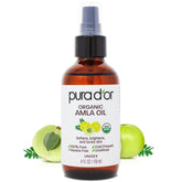 PURA D'OR frasco frontal de aceite de Amla mostrando etiqueta y bomba para aplicación fácil