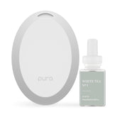 Pura difusor mini frontal en blanco mostrando diseño compacto y elegante