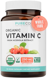 PURE CO frasco frontal mostrando etiqueta y beneficio de vitamina C orgánica