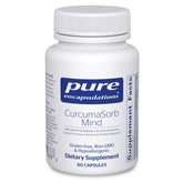 Pure Encapsulations botella frontal mostrando CurcumaSorb Mind y confianza de calidad