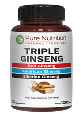 Pure Nutrition frasco frontal muestra marca y fórmula triple ginseng, claridad y confianza