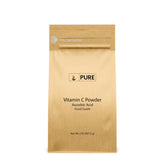 PURE ORIGINAL INGREDIENTS frente del envase de polvo de vitamina C muestra pureza y tamaño