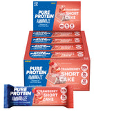 Pure Protein AMMMAZE frente del empaque mostrando 12 barras y diseño fresa