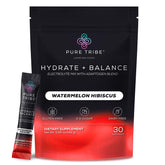 PURE TRIBE frente del paquete mostrando 30 sobres y sabor Watermelon Hibiscus beneficios instantáneos