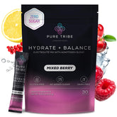 PURE TRIBE empaque frontal mix berry mostrando 30 sobres y beneficio hidratación