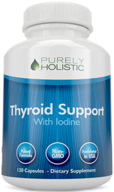 Purely Holistic frasco frontal mostrando la etiqueta y beneficio de apoyo tiroideo