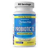 Puritan's Pride frasco frontal mostrando Probiotic 10 y beneficio de soporte digestivo