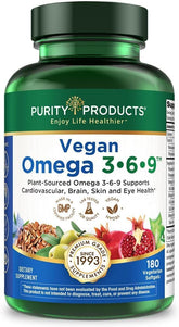 Purity Products frasco frontal mostrando 180 softgels y etiqueta clara, confianza vegana