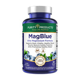 Purity Products empaque frontal de MagBlue muestra fórmula y beneficio para el sueño