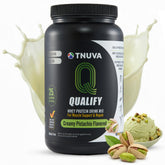Qualify Tnuva envase frontal mostrando sabor pistacho cremoso y beneficio proteico