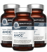 Quality of Life frasco AHCC Kinoko Platinum vista frontal con diseño claro y beneficios
