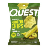 Quest empaque frontal dill pickle mostrando porción individual y conveniencia