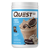 Quest envase frontal cookies & cream mostrando diseño y beneficio proteico