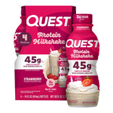 Quest frasco frontal mostrando la etiqueta y 45 g proteína, conveniencia inmediata