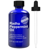 Botella Radha Beauty menta 4 oz vista frontal con etiqueta clara y protección UV