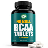 Raw Barrel envase frontal mostrando tablets BCAA, conveniencia para gimnasio