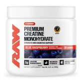 RAW creatina envase frontal mostrando marca y sabor frambuesa azul, calidad garantizada