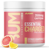 RAW frasco Essential CHARGED frente, identifica sabor pomelo y beneficios energéticos