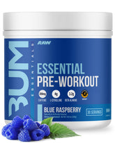 RAW Essential Pre frente del empaque mostrando sabor Blue Raz y beneficios