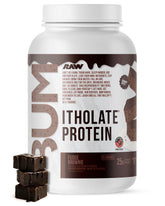 RAW frasco frontal mostrando etiqueta y sabor fudge brownie, claridad en ingredientes