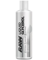 RAW botella frontal del Liquid Glycerol mostrando etiqueta y porciones beneficiarias