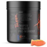 RAW Thuper Thavage frontal mostrando el bote y sabor Red Gummy, ideal para energía intensa